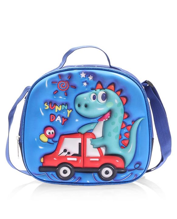 Babyhug Dinosaur Kids Insulated Lunch Box Bag with Adjustable Shoulder Strap & Handle - Blue| Thermal Lunch Carry Bag with Zip Closure for Boys & Girls