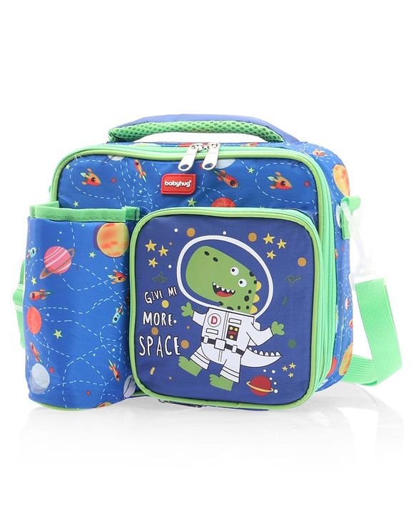 Babyhug Dino Kids Lunch Bag with Bottle Pouch and Front Pocket - Blue+Green| Adjustable Shoulder Strap| Lunch Carry Bag for School & Travel for Boys & Girls
