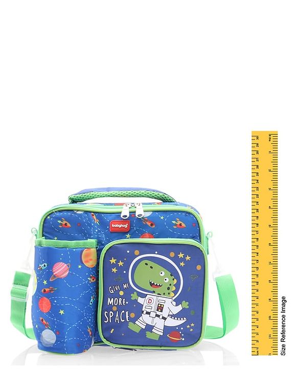 Babyhug Dino Kids Lunch Bag with Bottle Pouch and Front Pocket - Blue+Green| Adjustable Shoulder Strap| Lunch Carry Bag for School & Travel for Boys & Girls