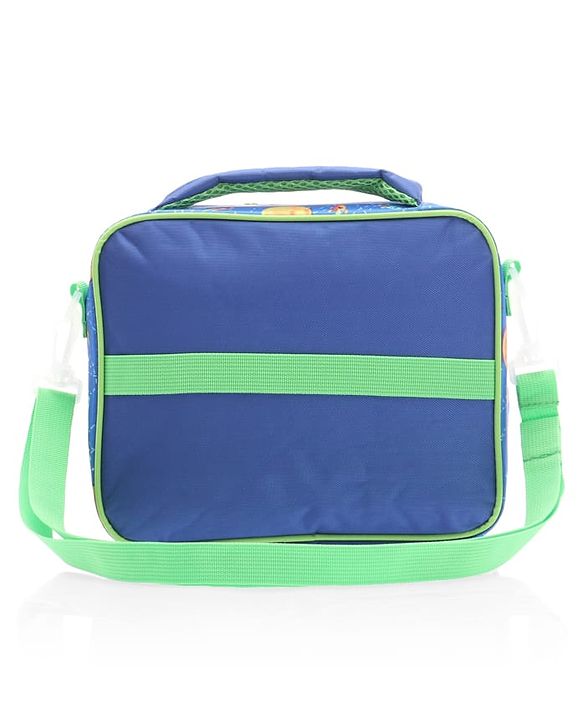 Babyhug Dino Kids Lunch Bag with Bottle Pouch and Front Pocket - Blue+Green| Adjustable Shoulder Strap| Lunch Carry Bag for School & Travel for Boys & Girls