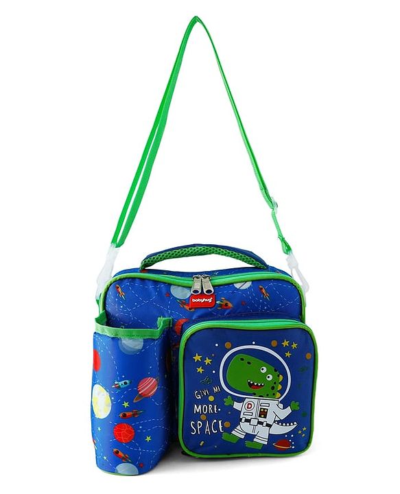 Babyhug Dino Kids Lunch Bag with Bottle Pouch and Front Pocket - Blue+Green| Adjustable Shoulder Strap| Lunch Carry Bag for School & Travel for Boys & Girls