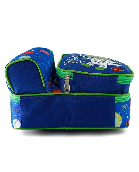 Babyhug Dino Kids Lunch Bag with Bottle Pouch and Front Pocket - Blue+Green| Adjustable Shoulder Strap| Lunch Carry Bag for School & Travel for Boys & Girls