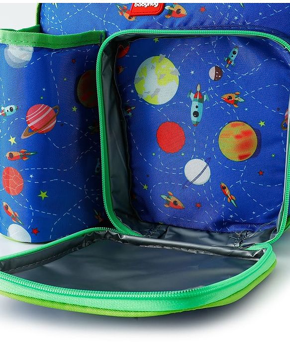 Babyhug Dino Kids Lunch Bag with Bottle Pouch and Front Pocket - Blue+Green| Adjustable Shoulder Strap| Lunch Carry Bag for School & Travel for Boys & Girls