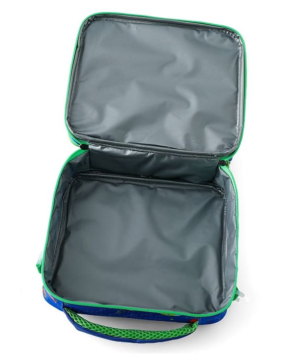 Babyhug Dino Kids Lunch Bag with Bottle Pouch and Front Pocket - Blue+Green| Adjustable Shoulder Strap| Lunch Carry Bag for School & Travel for Boys & Girls