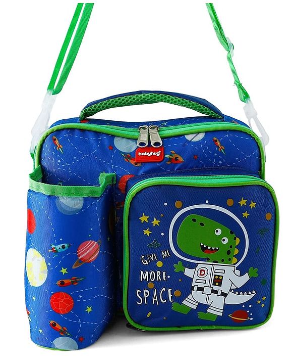 Babyhug Dino Kids Lunch Bag with Bottle Pouch and Front Pocket - Blue+Green| Adjustable Shoulder Strap| Lunch Carry Bag for School & Travel for Boys & Girls