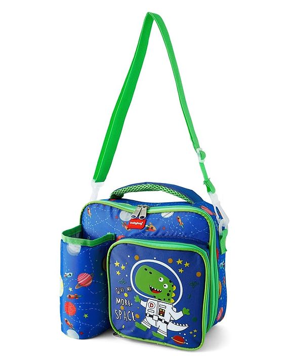 Babyhug Dino Kids Lunch Bag with Bottle Pouch and Front Pocket - Blue+Green| Adjustable Shoulder Strap| Lunch Carry Bag for School & Travel for Boys & Girls