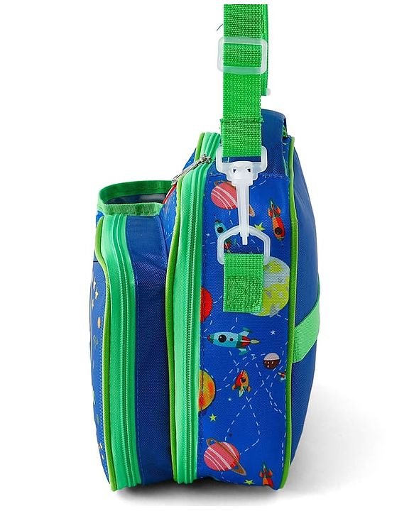 Babyhug Dino Kids Lunch Bag with Bottle Pouch and Front Pocket - Blue+Green| Adjustable Shoulder Strap| Lunch Carry Bag for School & Travel for Boys & Girls