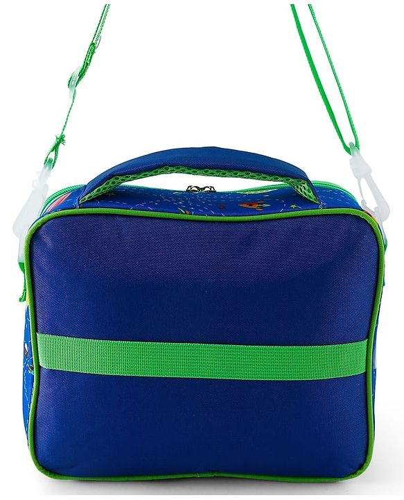 Babyhug Dino Kids Lunch Bag with Bottle Pouch and Front Pocket - Blue+Green| Adjustable Shoulder Strap| Lunch Carry Bag for School & Travel for Boys & Girls