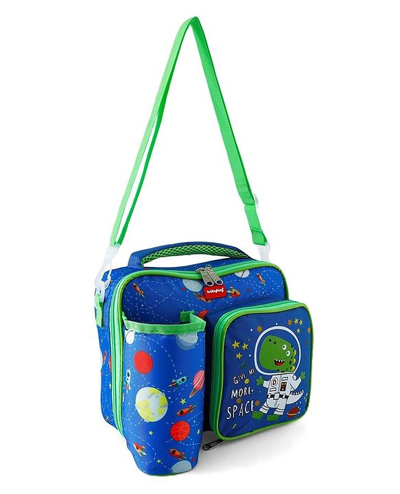 Babyhug Dino Kids Lunch Bag with Bottle Pouch and Front Pocket - Blue+Green| Adjustable Shoulder Strap| Lunch Carry Bag for School & Travel for Boys & Girls