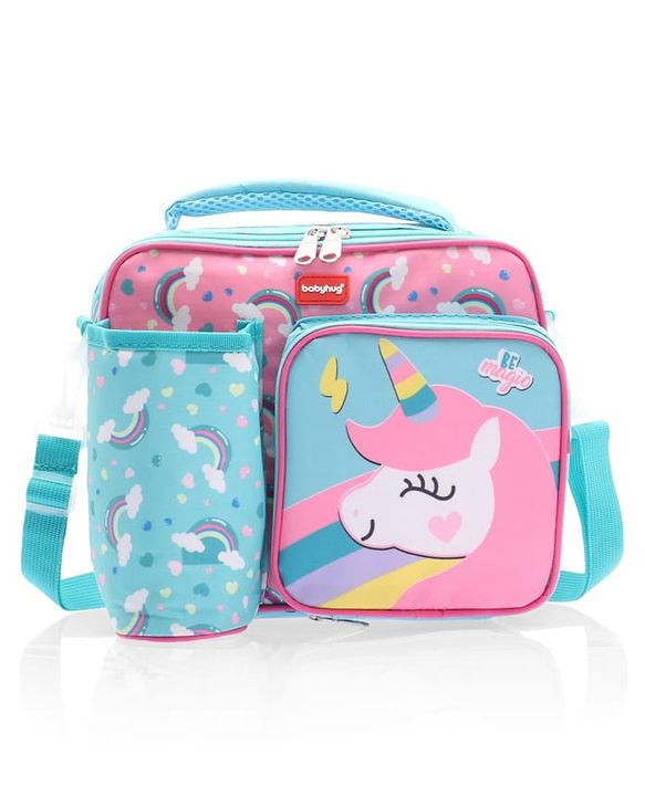 Babyhug Dino Kids Lunch Bag with Bottle Pouch and Front Pocket - Blue+Green| Adjustable Shoulder Strap| Lunch Carry Bag for School & Travel for Boys & Girls