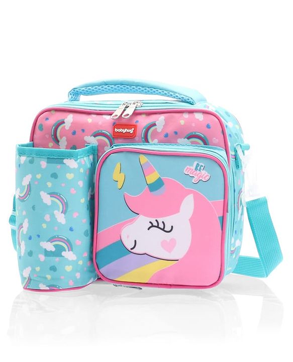 Babyhug Dino Kids Lunch Bag with Bottle Pouch and Front Pocket - Blue+Green| Adjustable Shoulder Strap| Lunch Carry Bag for School & Travel for Boys & Girls