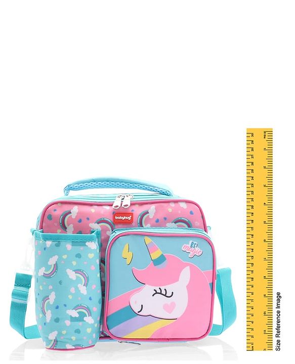 Babyhug Dino Kids Lunch Bag with Bottle Pouch and Front Pocket - Blue+Green| Adjustable Shoulder Strap| Lunch Carry Bag for School & Travel for Boys & Girls