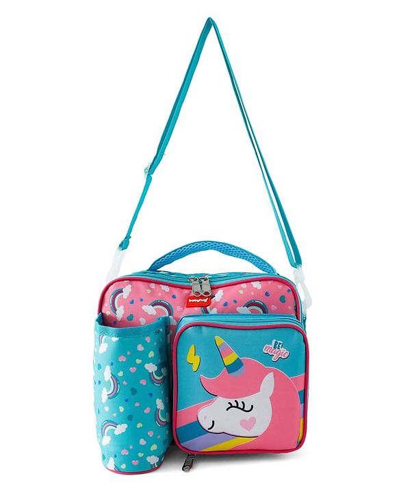 Babyhug Dino Kids Lunch Bag with Bottle Pouch and Front Pocket - Blue+Green| Adjustable Shoulder Strap| Lunch Carry Bag for School & Travel for Boys & Girls