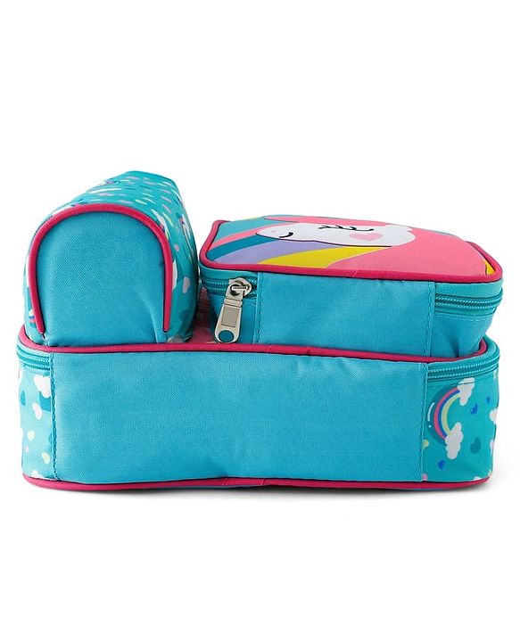 Babyhug Dino Kids Lunch Bag with Bottle Pouch and Front Pocket - Blue+Green| Adjustable Shoulder Strap| Lunch Carry Bag for School & Travel for Boys & Girls