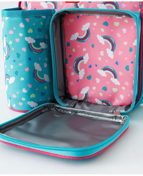 Babyhug Dino Kids Lunch Bag with Bottle Pouch and Front Pocket - Blue+Green| Adjustable Shoulder Strap| Lunch Carry Bag for School & Travel for Boys & Girls