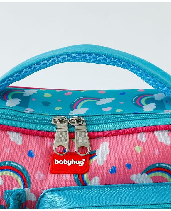 Babyhug Dino Kids Lunch Bag with Bottle Pouch and Front Pocket - Blue+Green| Adjustable Shoulder Strap| Lunch Carry Bag for School & Travel for Boys & Girls