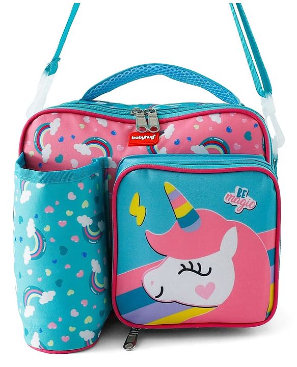 Babyhug Dino Kids Lunch Bag with Bottle Pouch and Front Pocket - Blue+Green| Adjustable Shoulder Strap| Lunch Carry Bag for School & Travel for Boys & Girls