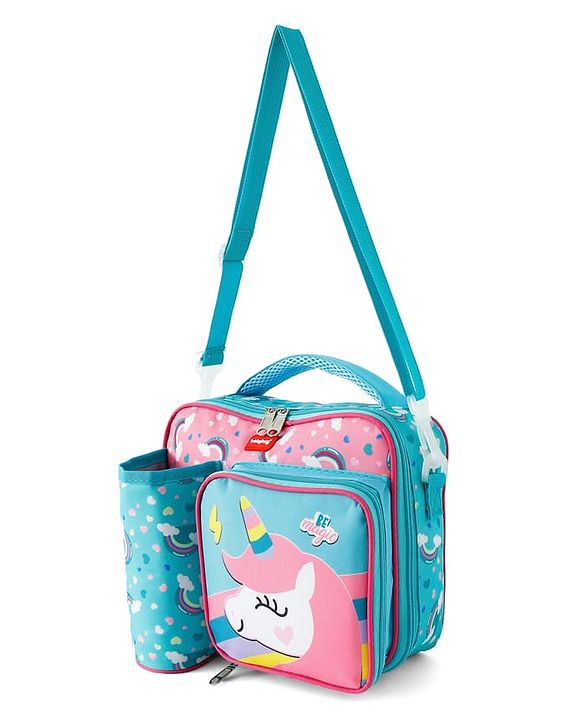 Babyhug Dino Kids Lunch Bag with Bottle Pouch and Front Pocket - Blue+Green| Adjustable Shoulder Strap| Lunch Carry Bag for School & Travel for Boys & Girls