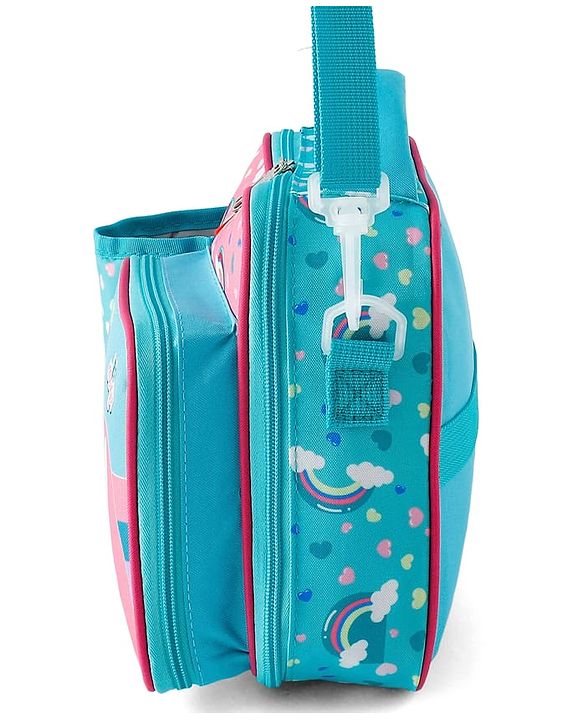 Babyhug Dino Kids Lunch Bag with Bottle Pouch and Front Pocket - Blue+Green| Adjustable Shoulder Strap| Lunch Carry Bag for School & Travel for Boys & Girls