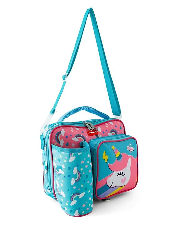 Babyhug Dino Kids Lunch Bag with Bottle Pouch and Front Pocket - Blue+Green| Adjustable Shoulder Strap| Lunch Carry Bag for School & Travel for Boys & Girls