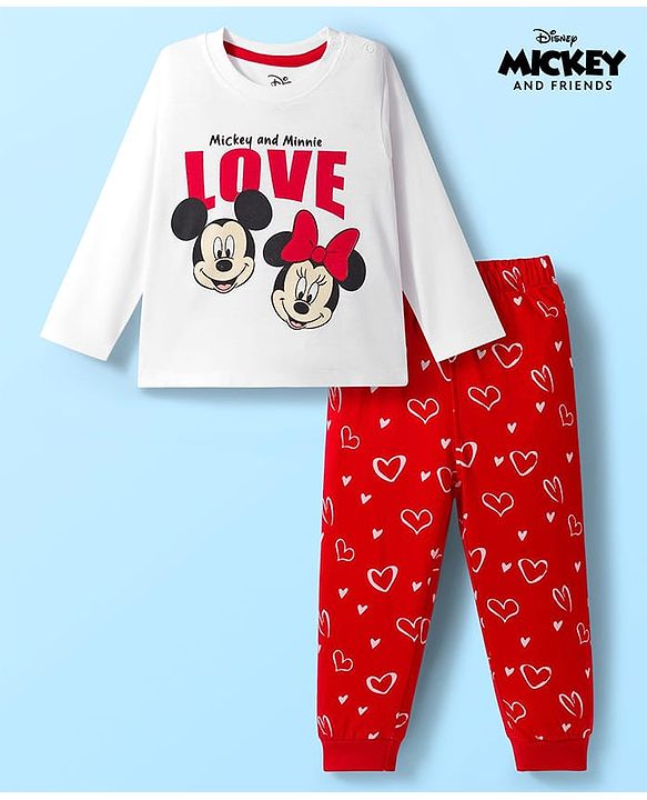 Babyhug Disney Single Jersey Knit Full Sleeves Pyjama Set with Minnie Mouse Graphic - White & Red