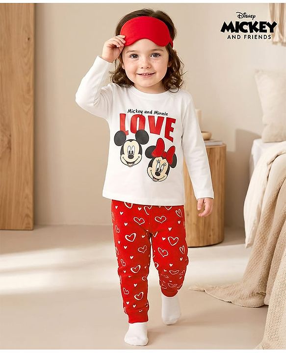Babyhug Disney Single Jersey Knit Full Sleeves Pyjama Set with Minnie Mouse Graphic - White & Red