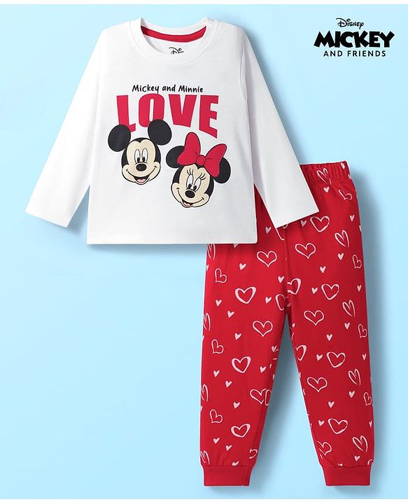 Babyhug Disney Single Jersey Knit Full Sleeves Pyjama Set with Minnie Mouse Graphic - White & Red