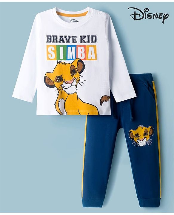Babyhug Disney Single Jersey Knit Full Sleeves T-Shirt & Lounge Pant Set with Lion King Graphic - Navy Blue & White