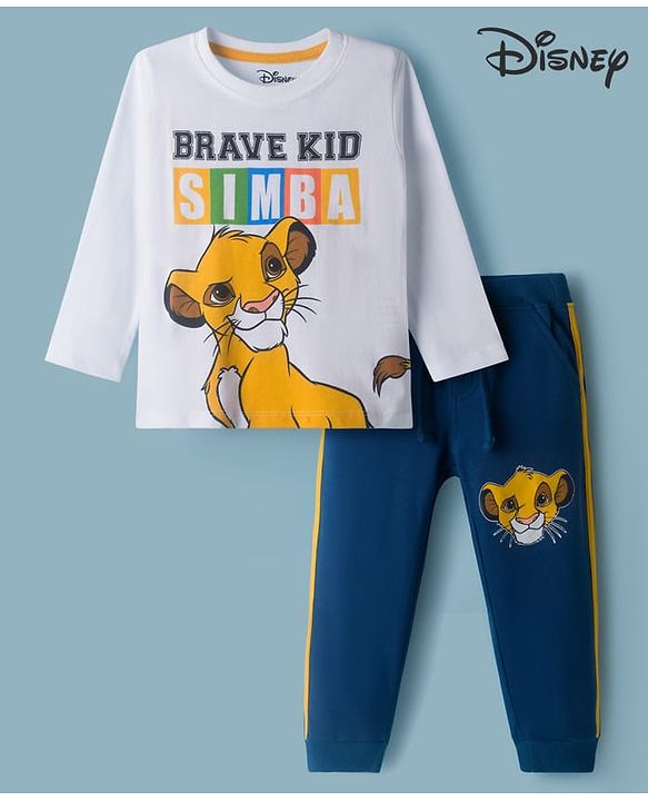 Babyhug Disney Single Jersey Knit Full Sleeves T-Shirt & Lounge Pant Set with Lion King Graphic - Navy Blue & White