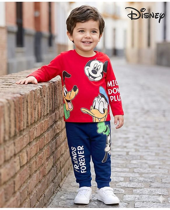 Babyhug Disney Single Jersey Knit Full Sleeves T-Shirt & Lounge Pant Set with Mickey & Friends Graphic - Navy Blue & Red