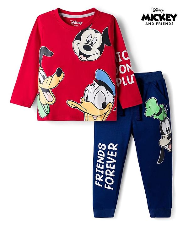 Babyhug Disney Single Jersey Knit Full Sleeves T-Shirt & Lounge Pant Set with Mickey & Friends Graphic - Navy Blue & Red