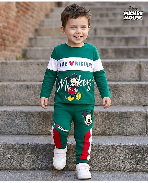 Babyhug Disney Single Jersey Knit Full Sleeves Cut & Sew T-Shirt & Lounge Pant Set with Mickey Mouse Graphic - Green