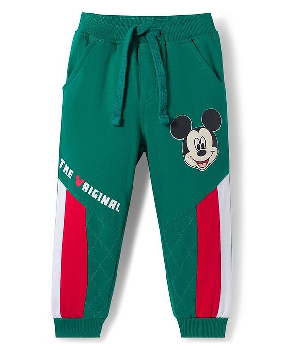 Babyhug Disney Single Jersey Knit Full Sleeves Cut & Sew T-Shirt & Lounge Pant Set with Mickey Mouse Graphic - Green