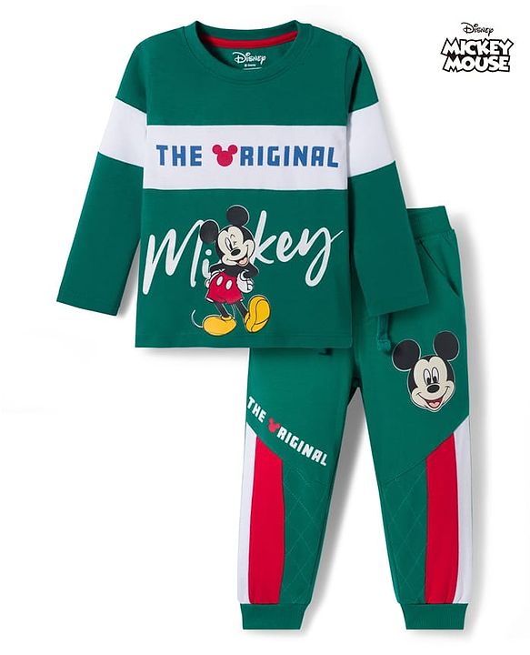 Babyhug Disney Single Jersey Knit Full Sleeves Cut & Sew T-Shirt & Lounge Pant Set with Mickey Mouse Graphic - Green