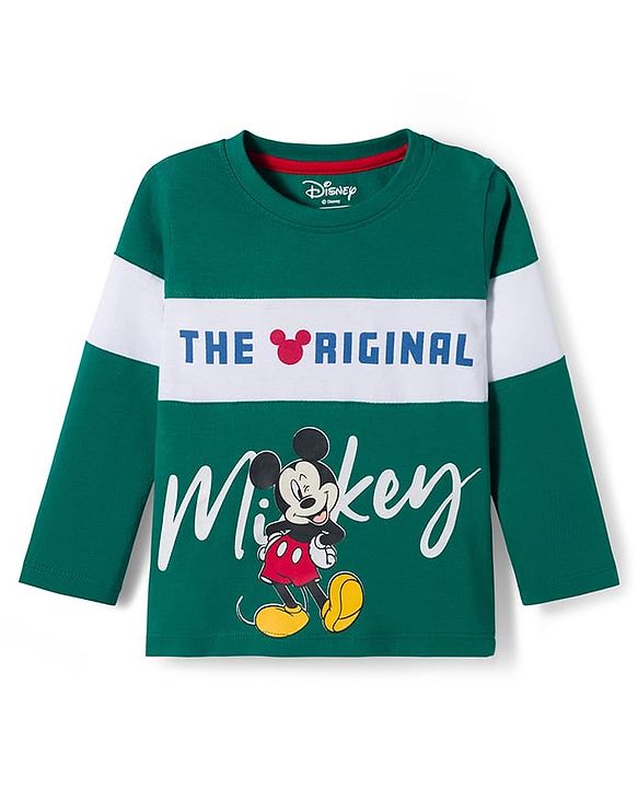 Babyhug Disney Single Jersey Knit Full Sleeves Cut & Sew T-Shirt & Lounge Pant Set with Mickey Mouse Graphic - Green
