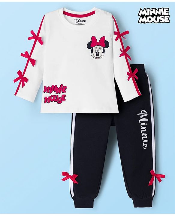 Babyhug Disney Terry Knit Full Sleeves T-Shirt and Track Pant Set with Minnie Mouse Graphic & Bow Detailing - White & Black
