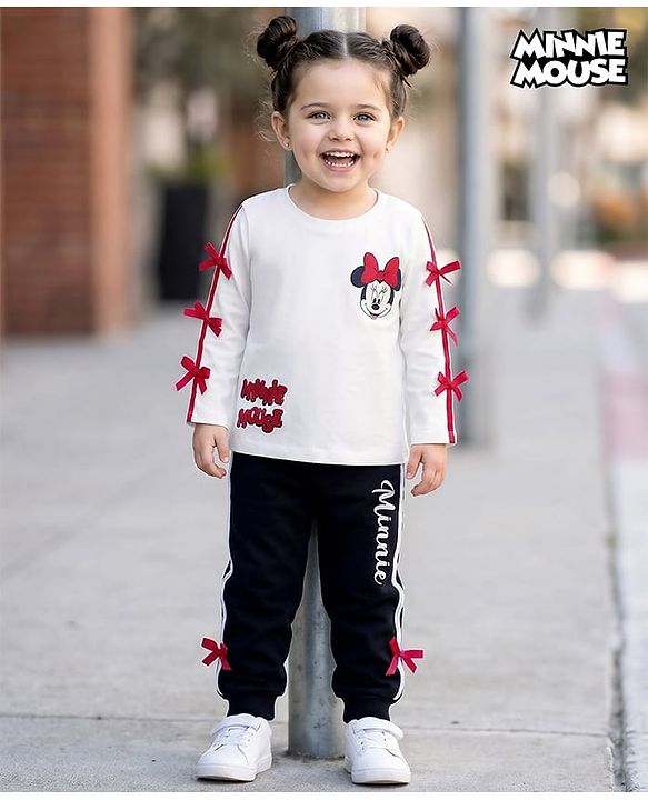 Babyhug Disney Terry Knit Full Sleeves T-Shirt and Track Pant Set with Minnie Mouse Graphic & Bow Detailing - White & Black