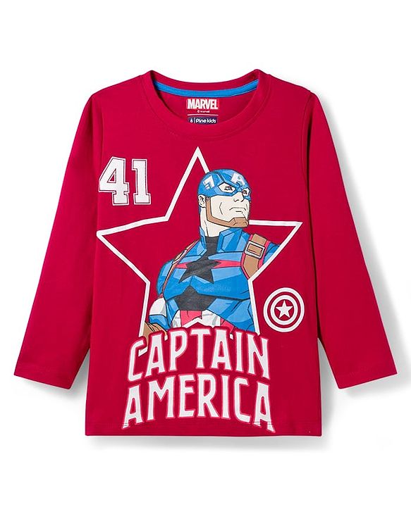 Pine Kids Marvel Single Jersey Knit Full Sleeves Night Suit With Captain America Graphics - Red & Navy Blue
