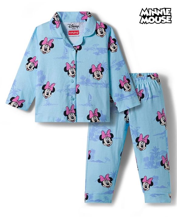 Babyhug Disney Single Jersey Full Sleeves Front Open Night Suit with Minnie Mouse Print - Blue