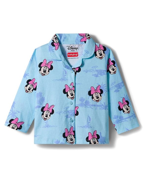 Babyhug Disney Single Jersey Full Sleeves Front Open Night Suit with Minnie Mouse Print - Blue