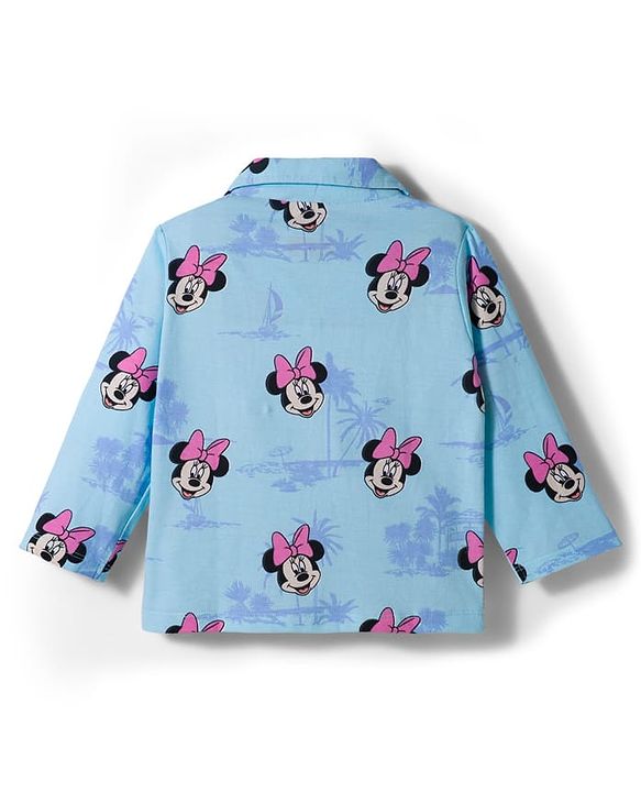 Babyhug Disney Single Jersey Full Sleeves Front Open Night Suit with Minnie Mouse Print - Blue