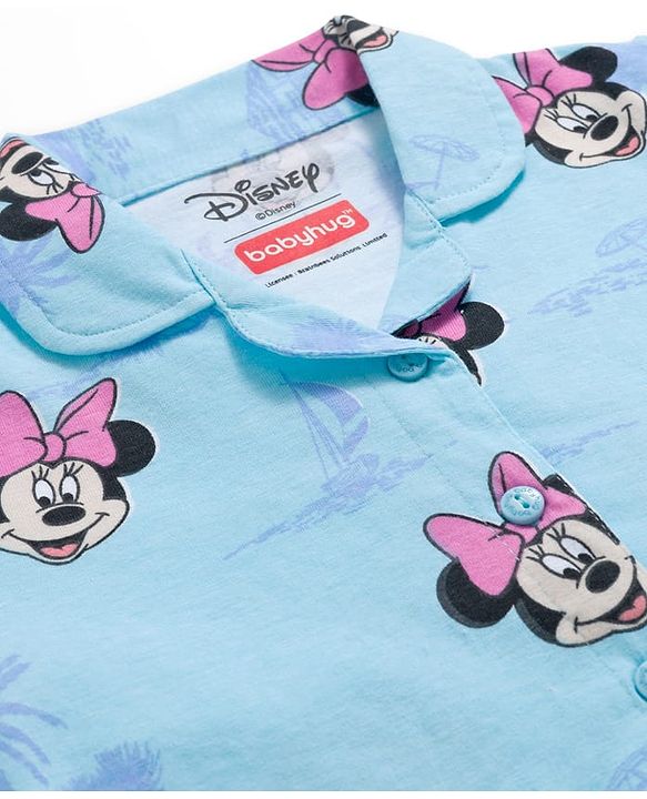 Babyhug Disney Single Jersey Full Sleeves Front Open Night Suit with Minnie Mouse Print - Blue