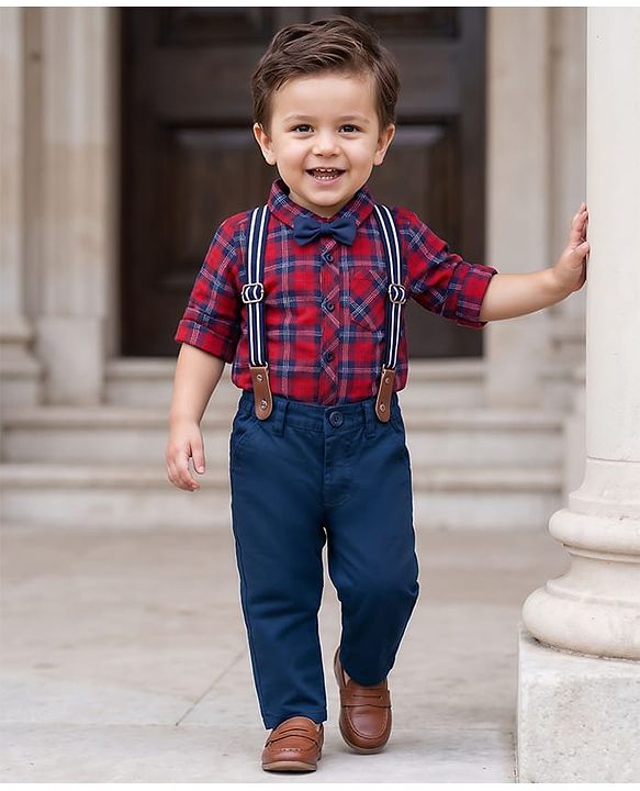 Babyhug 100% Cotton Knit Full Sleeves Checkered Shirt & Jeans Set with Bow & Suspender - Multicolor