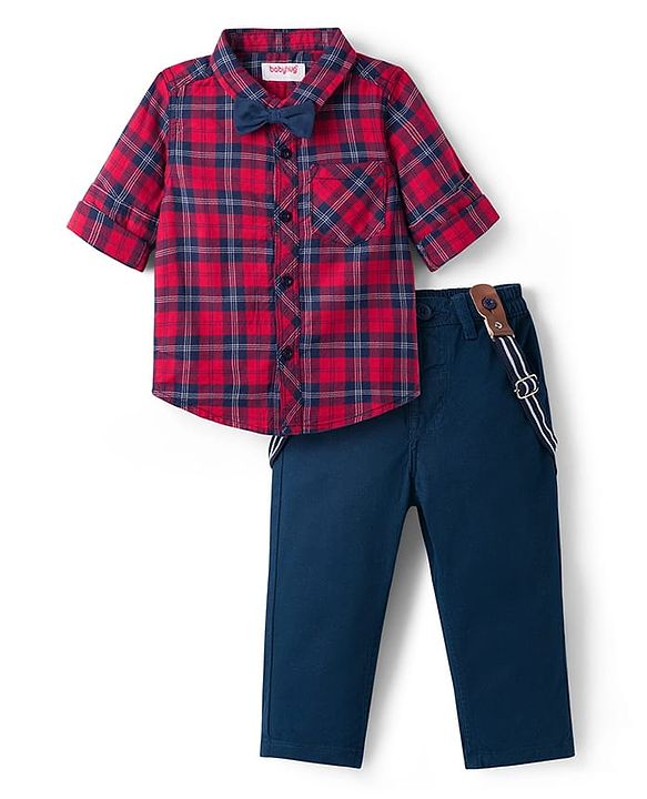 Babyhug 100% Cotton Knit Full Sleeves Checkered Shirt & Jeans Set with Bow & Suspender - Multicolor