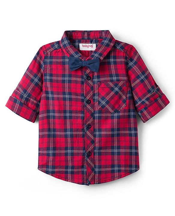 Babyhug 100% Cotton Knit Full Sleeves Checkered Shirt & Jeans Set with Bow & Suspender - Multicolor