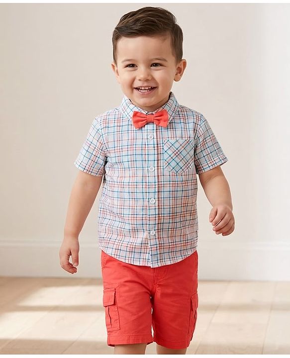 Babyhug Cotton Knit Half Sleeves Shirt & Shorts Set with Bow & Checks Print - White & Coral