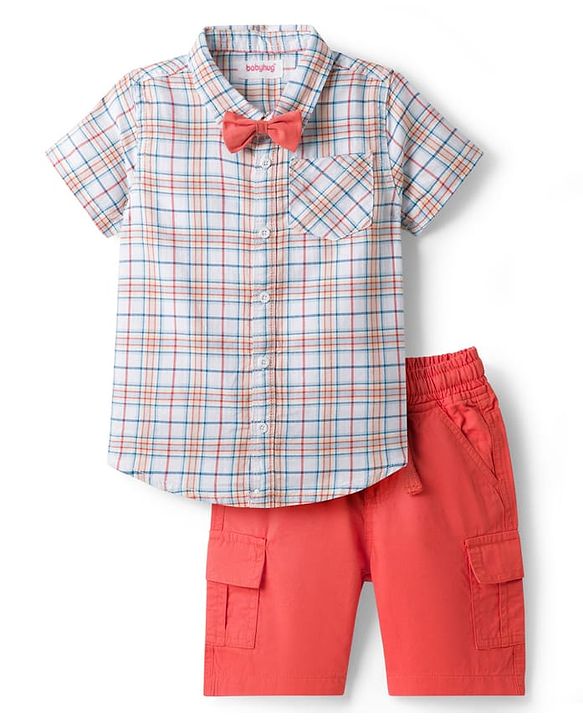 Babyhug Cotton Knit Half Sleeves Shirt & Shorts Set with Bow & Checks Print - White & Coral