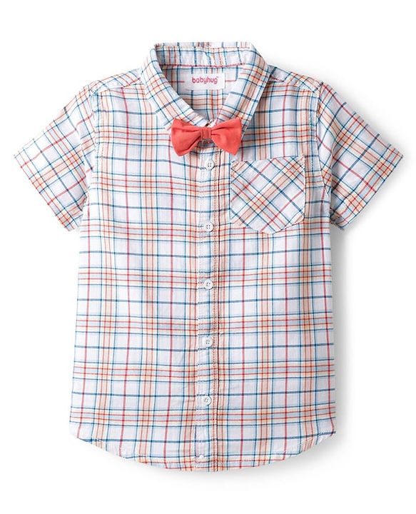 Babyhug Cotton Knit Half Sleeves Shirt & Shorts Set with Bow & Checks Print - White & Coral