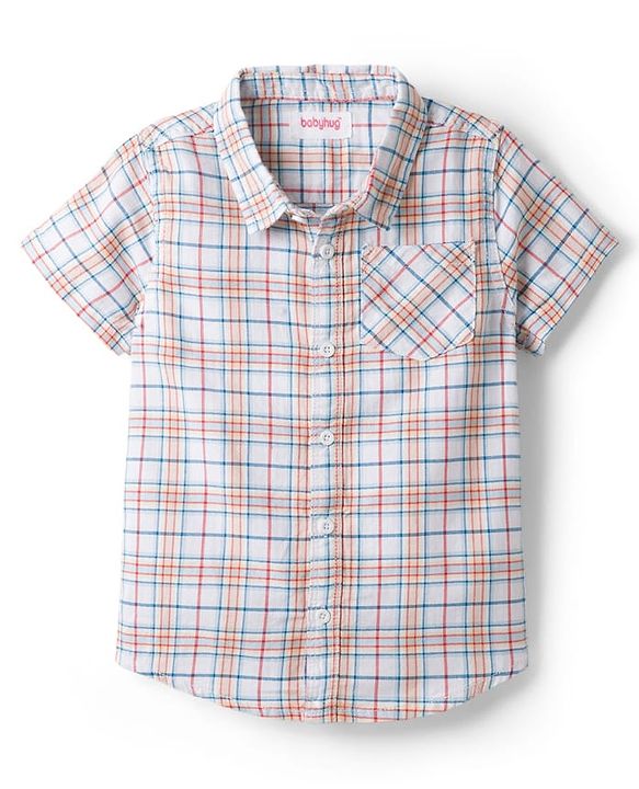 Babyhug Cotton Knit Half Sleeves Shirt & Shorts Set with Bow & Checks Print - White & Coral
