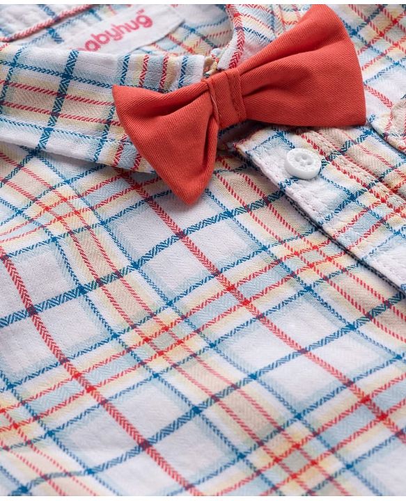 Babyhug Cotton Knit Half Sleeves Shirt & Shorts Set with Bow & Checks Print - White & Coral